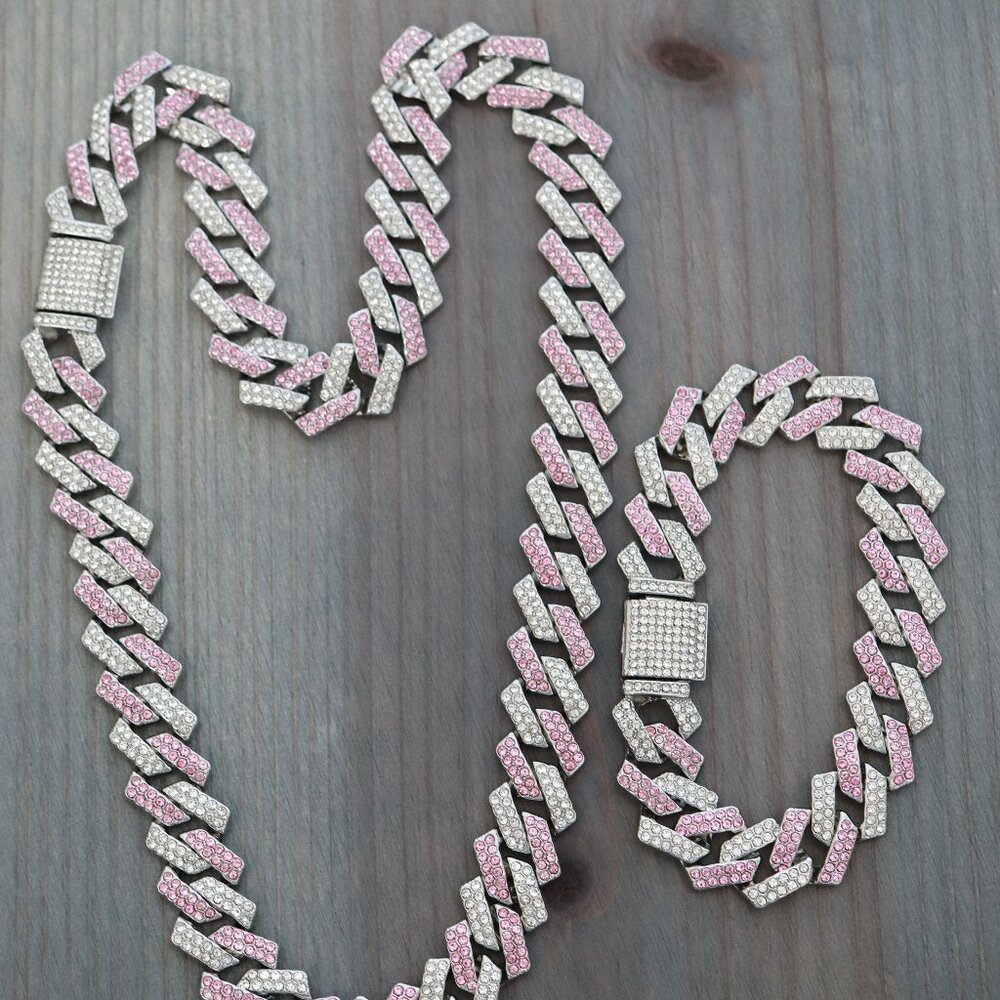15mm Cuban Ice Point Curb Diamond Chain SIlver Plated N/B Jewelry Set